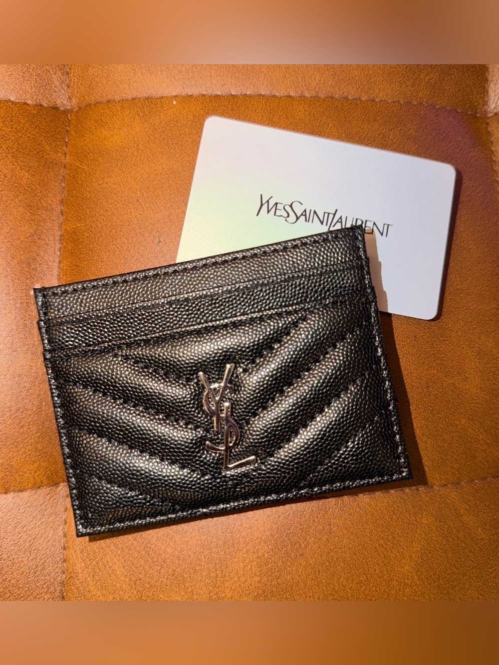 Saint Laurent Black Quilted Leather Card Case with Silver YSL Logo